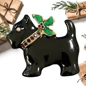 Vintage 90's Christmas Scottie Dog Enamel Brooch Rhinestone Collar Figural Pin